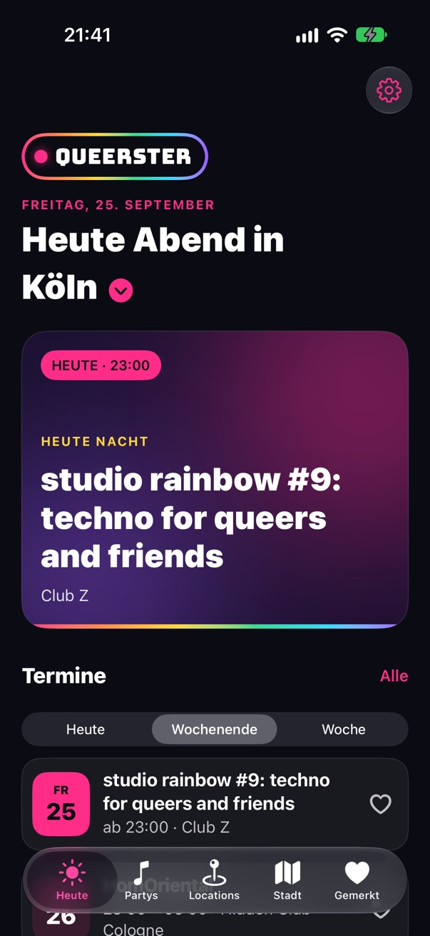Die App auf dem iPhone: „Heute Abend in Köln“ mit der Party des Abends und den nächsten Terminen.